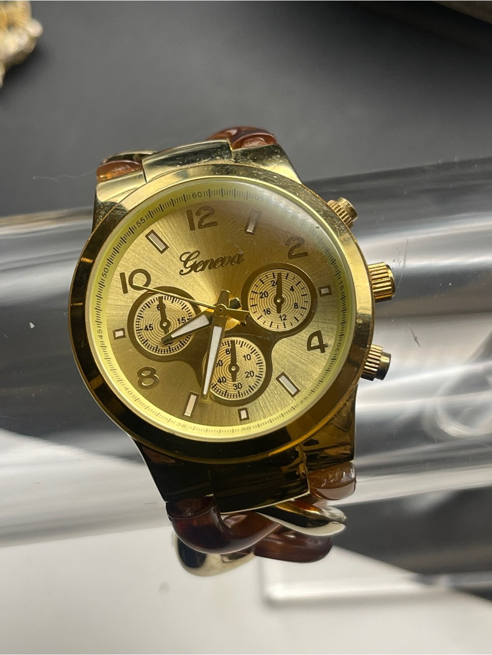 Geneva Gold Tone Tortoise Chain Link Statement Bracelet Watch Working